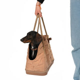 Carrier bag in beige with dog, suitable for transporting small pets. Bag with handles and side entry.