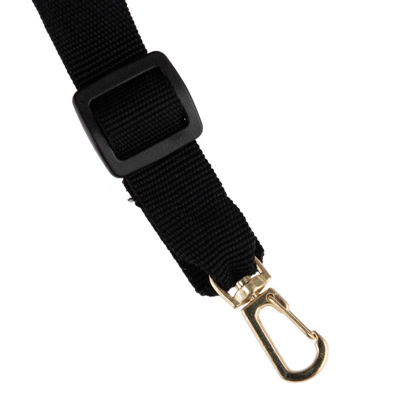 Black nylon strap with adjustable plastic buckle and gold-coloured metal carabiner hook.