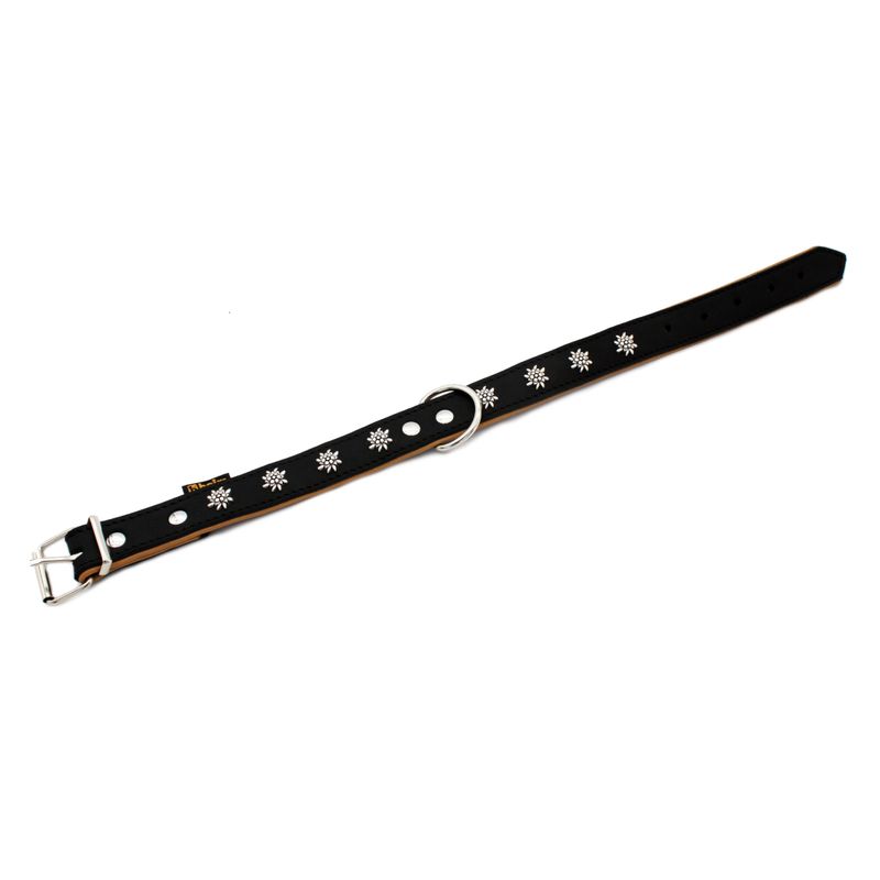 Black collar with silver snowflake decorations and metal buckle, adjustable with multiple holes.