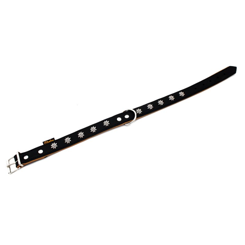 Black collar with silver snowflake decorations and metal buckle, adjustable with multiple holes.