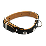 Black leather collar with silver floral decorations and metal ring, Heim brand visible on label.