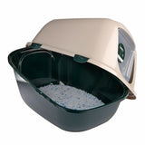 Closed cat toilet with green base, beige lid and viewing window. Litter with blue granules visible inside.
