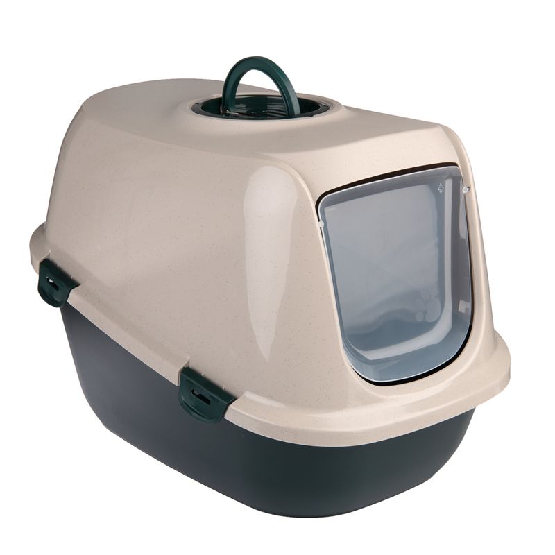 Covered litter box with a swing door, carrying handle on top, and secure side clips for easy cleaning access.