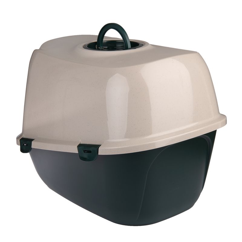 Closed cat litter box with beige lid, black base and top carrying handle. Two side locks for easy cleaning.