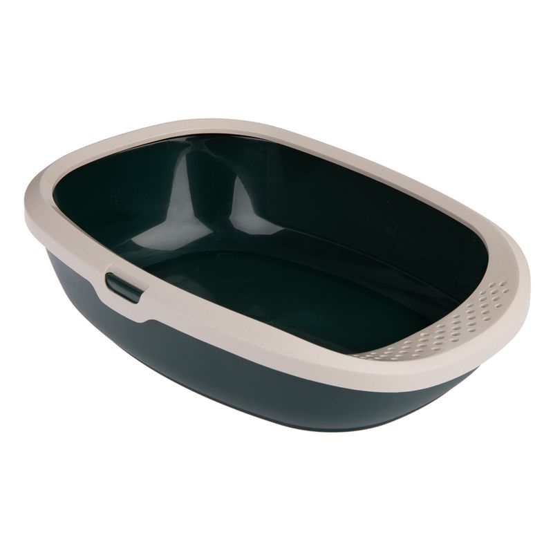 Green cat litter tray with beige rim and textured surface for better grip.