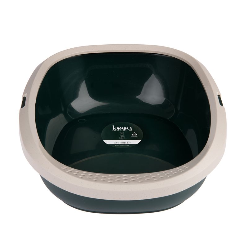 kooa cat litter tray, dark green with beige rim, Made in Europe.