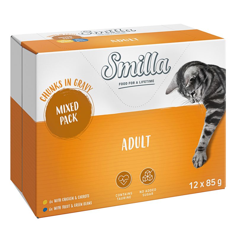 Smilla Adult Mixed Pack, chunks in gravy. 12 x 85g: 6x chicken & carrots, 6x trout & green beans. Contains taurine, no added sugar.
