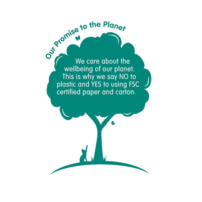 Our promise to the planet: no plastic, instead FSC-certified paper and cardboard for sustainability.