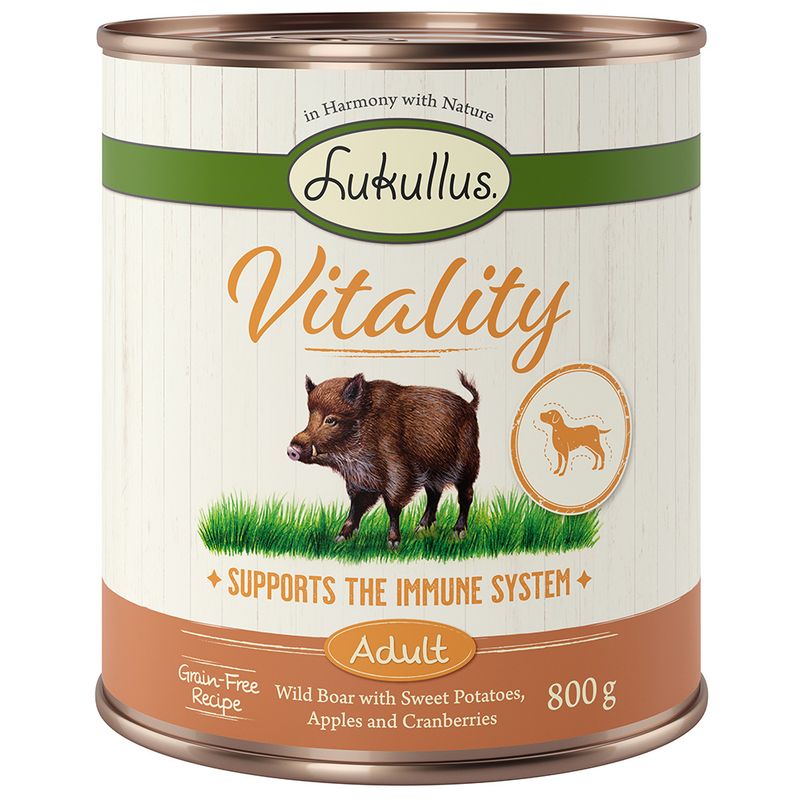 Lukullus Vitality Adult, wild boar with sweet potatoes, apples and cranberries, 800g. Grain-free recipe. Supports the immune system.