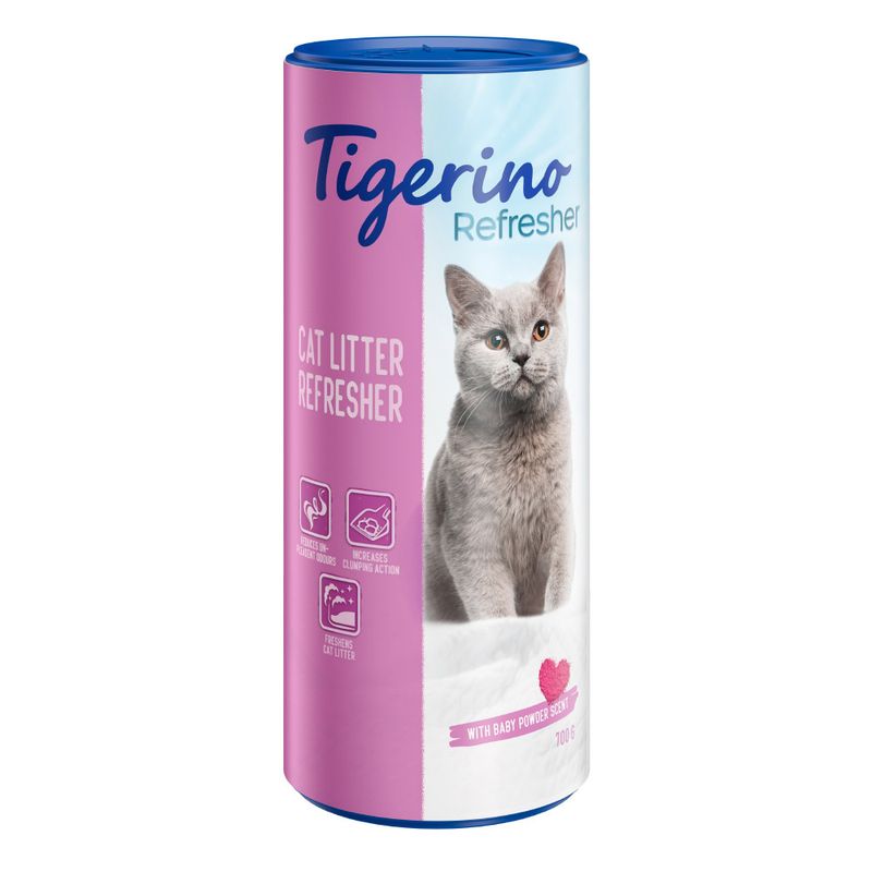 Cat litter refresher with baby powder scent, reduces odours, increases clumping action, freshens cat litter. 700g container shown.