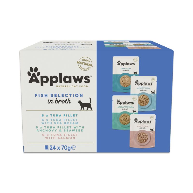 Applaws Natural Cat Food Fish Selection in Broth: 6x Tuna Fillet, 6x Tuna with Sea Bream, 6x Tuna with Anchovy & Seaweed, 6x Tuna with Salmon, 24x 70g.