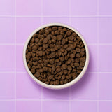 Bowl with brown dry food pellets, photographed from above.