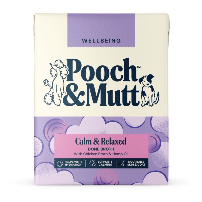 Pooch & Mutt Calm & Relaxed Bone Broth with chicken broth and hemp oil. Supports hydration, relaxation, as well as skin and coat.
