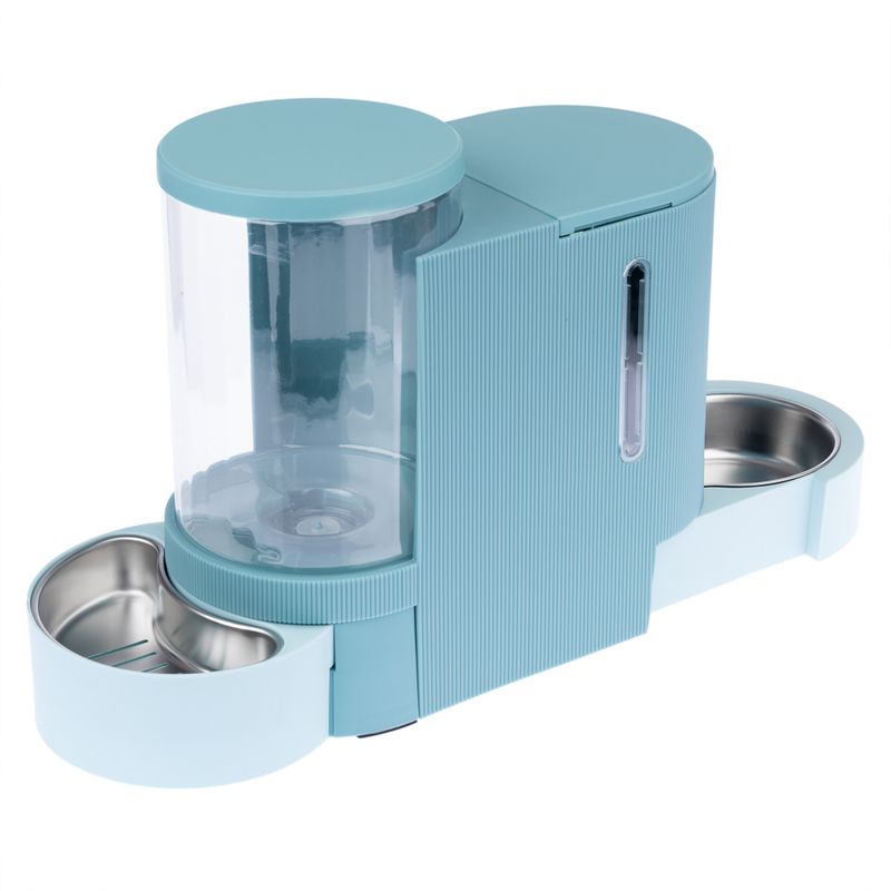 Food and water dispenser made of plastic with two stainless steel bowls, transparent container and water level indicator. Colour: light blue.