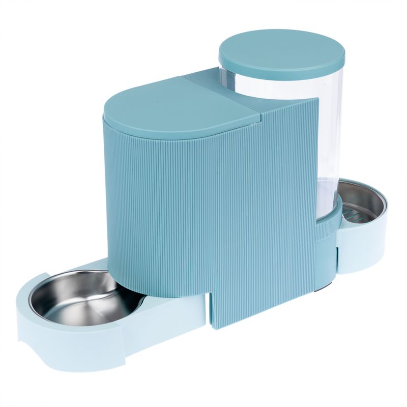 Food and water dispenser made of blue plastic with two removable stainless steel bowls. Transparent container for dry food visible.