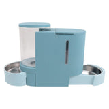 Automatic feeder in blue with two stainless steel bowls and transparent container for dry food. Viewing window for checking the fill level.