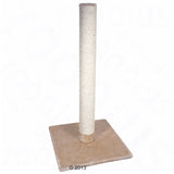 Cat tree with beige base and sisal-wrapped scratching post, suitable for cats to scratch and play.