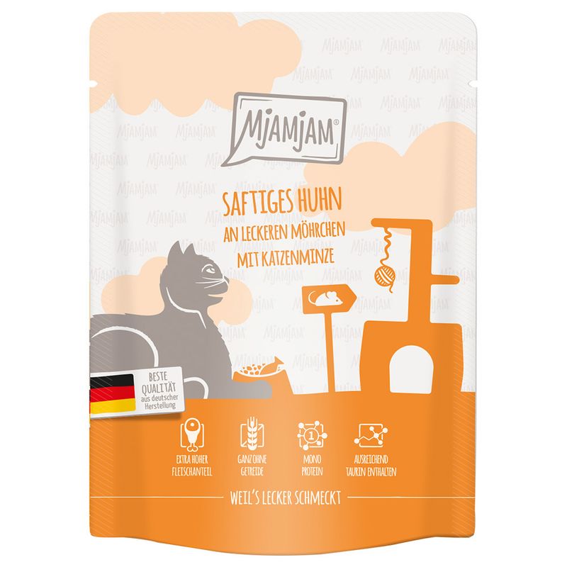 Mjamjam Juicy chicken with tasty carrots and catnip. Top quality from German production. Extra high meat content, whole grains, single protein, contains sufficient taurine.