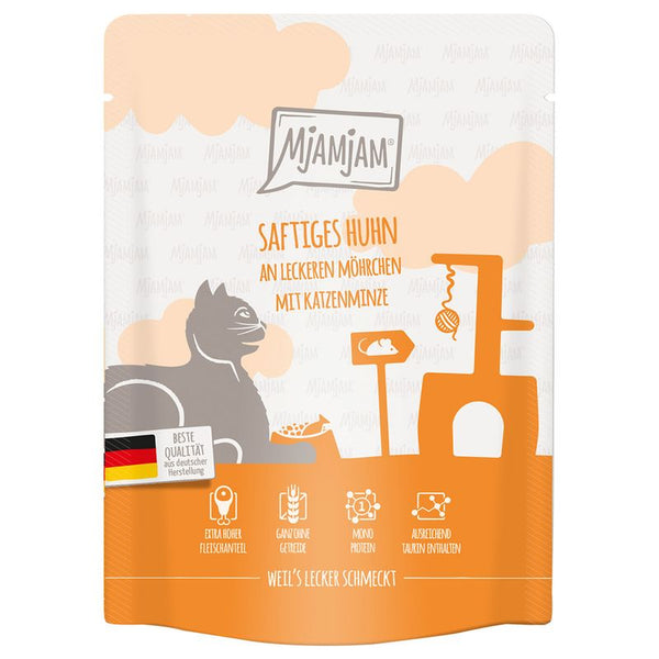Mjamjam Juicy chicken with tasty carrots and catnip. Top quality from German production. Extra high meat content, whole grains, single protein, contains sufficient taurine.