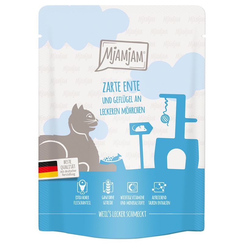 Mjamjam tender duck and poultry with tasty carrots. Premium quality from German production. Extra high meat content, grain-free, contains essential vitamins and sufficient taurine.
