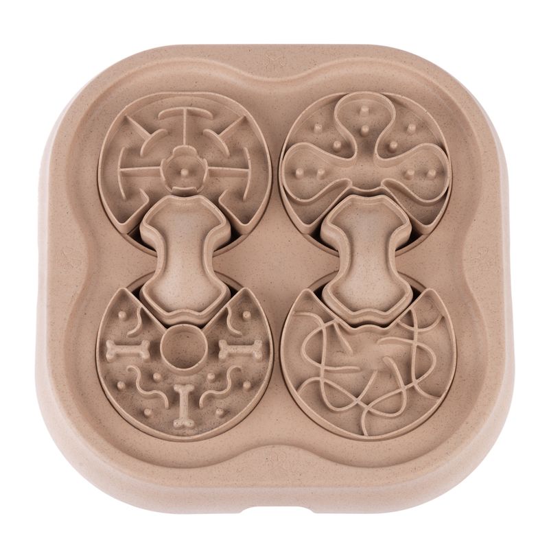 Interactive toy with four mazes and bone shapes, beige plastic. Promotes dexterity and mental stimulation.