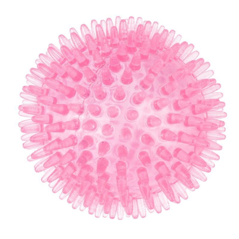 Pink studded ball made of flexible plastic, suitable for play and massage purposes.