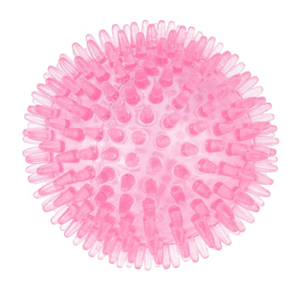 Pink studded ball made of flexible plastic, suitable for play and massage purposes.