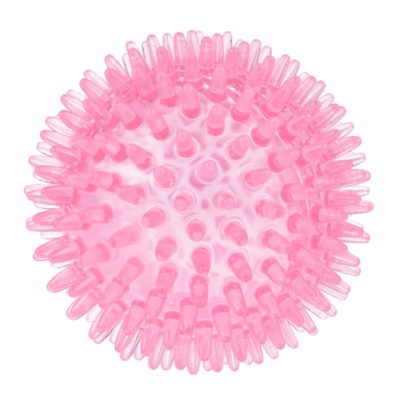 Pink studded ball made of flexible plastic, suitable for play and massage purposes.