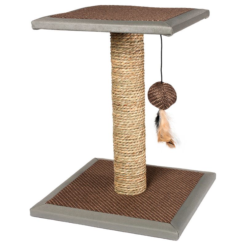 Scratching post with sisal trunk, rectangular base plate and platform, brown scratching surfaces, hanging toy ball with feathers.