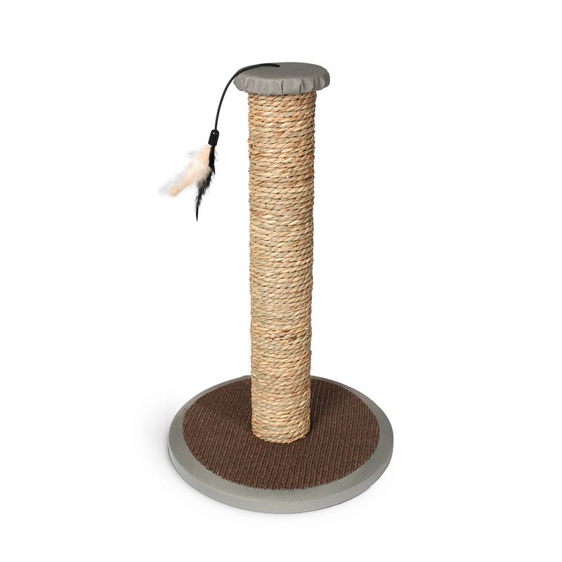 Sisal scratching post with round base and toy hanger with feathers attached at the top.