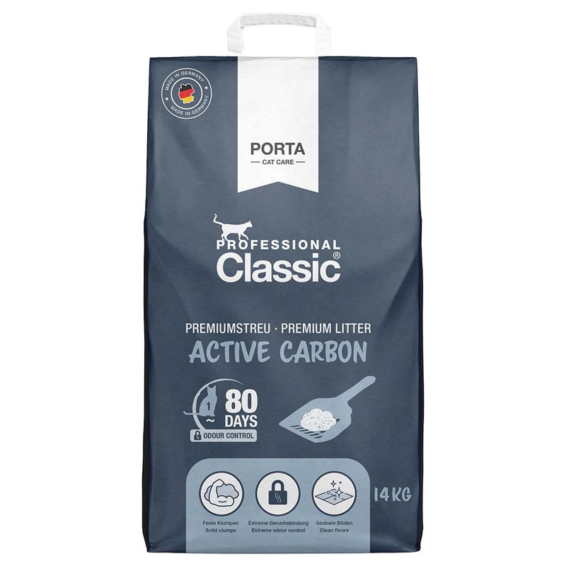 Porta Professional Classic Premium litter with activated carbon, 14kg. Odour control up to 80 days. Features: firm clumps, extreme odour binding, clean floors. Made in Germany.
