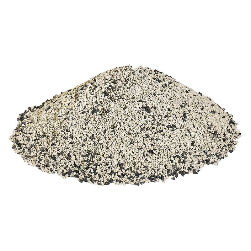Pile of grey and black granules, possibly cat litter or similar material.