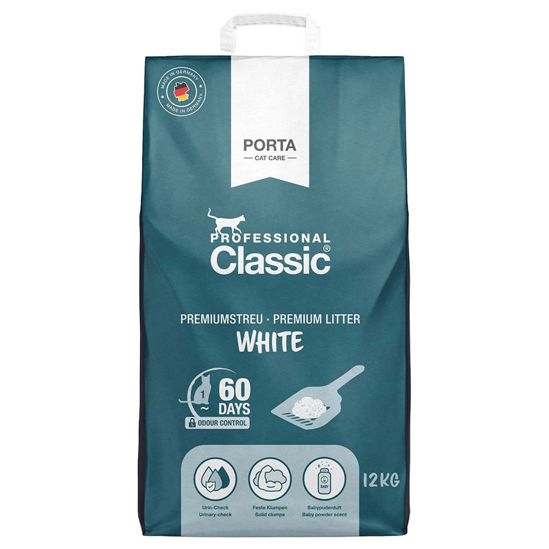 Porta Professional Classic Premium Litter White, 12kg. Made in Germany. 60 days odour control, urine check, firm clumps, baby powder scent.