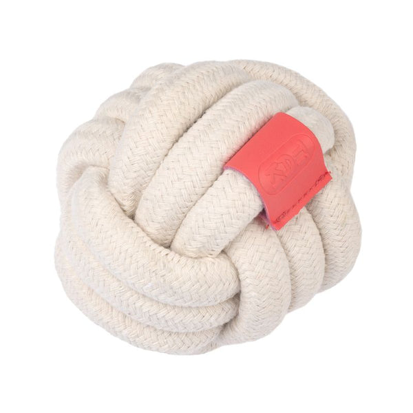 White knot ball made of braided rope with red leather label embossed with the 'KONG' logo.