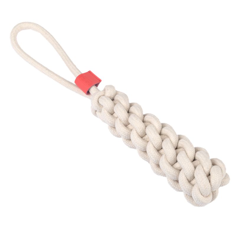 Braided toy made of beige rope with red plastic detail and loop at the end.