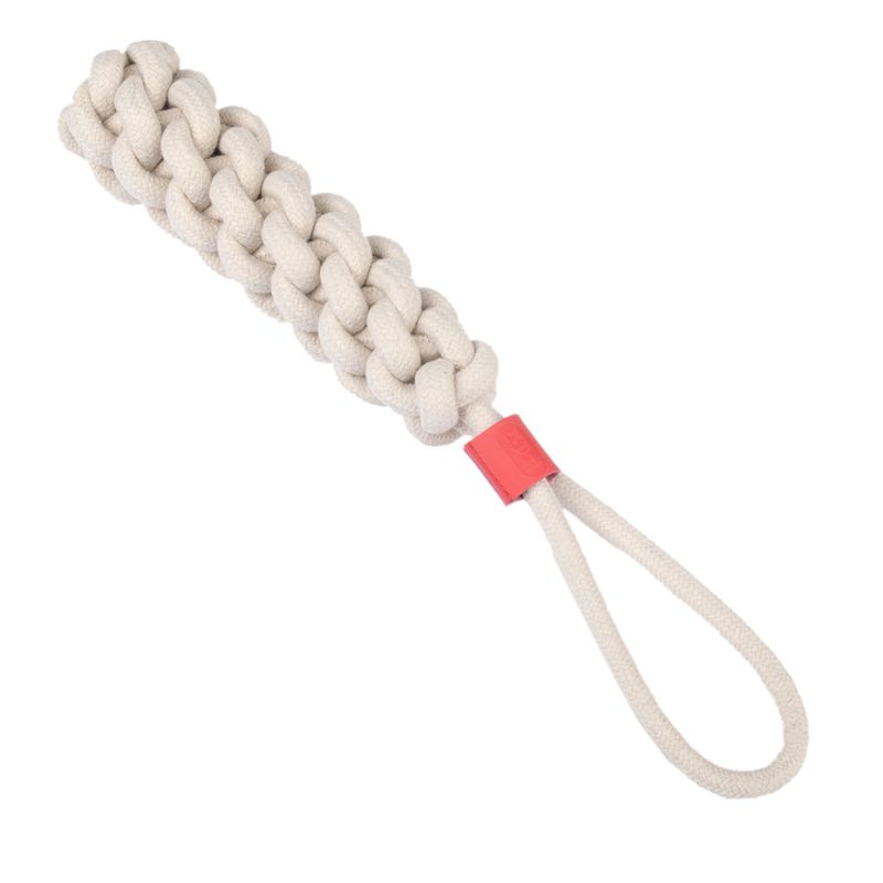 Braided toy made of beige rope with red plastic detail and loop.