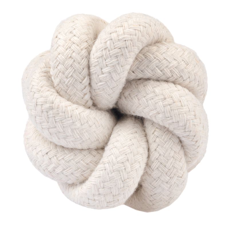 White knot ball made of braided cotton rope, suitable as toy or accessory.