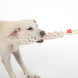 Dog playing with a braided rope toy made of white material, suitable for tugging and chewing activities.
