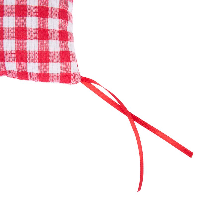 Red and white checked fabric cushion with red ribbons, suitable as accessory or toy.