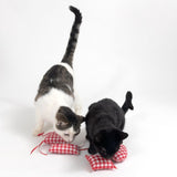 Two cats playing with red and white checked fabric toys. Heart-shaped toy with red ribbons.