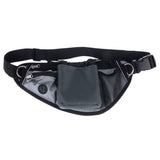 Grey waist belt with multiple pockets, including zip pockets, mesh compartment and pouch. Adjustable strap with click fastener and metal rings.