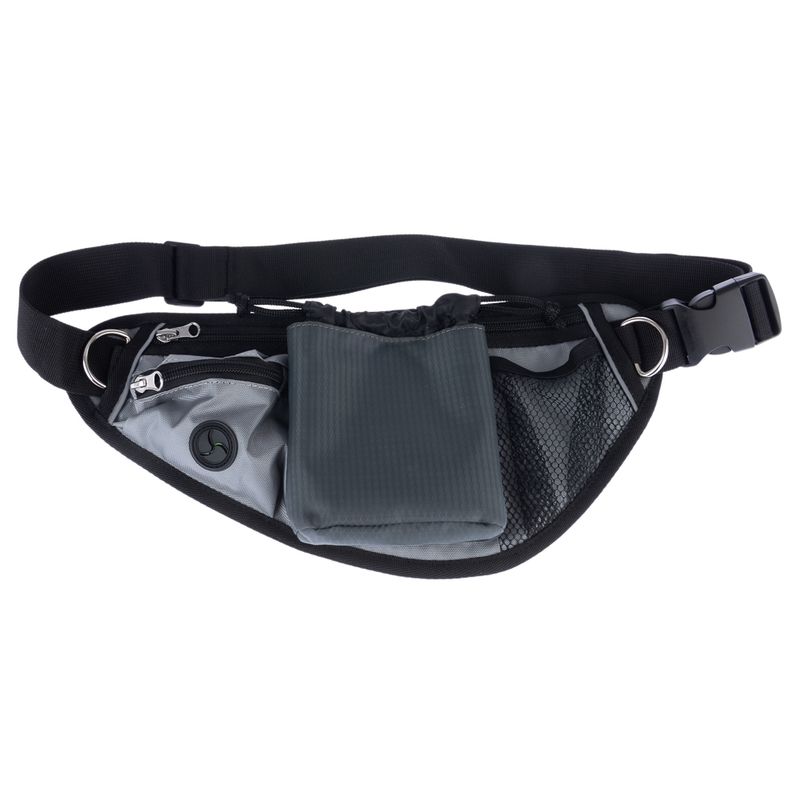Grey waist belt with multiple pockets, including zip pockets, mesh compartment and pouch. Adjustable strap with click fastener and metal rings.
