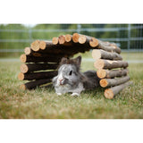 Small animal wooden tunnel made of natural wood, suitable as a hideout or playground for pets. Shown with a rabbit on grass.
