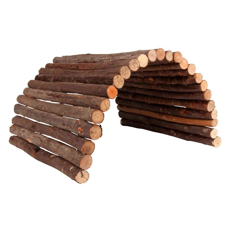 Flexible wooden shelter made from natural branches, curved design for small animals. Can be used as a tunnel or bridge.