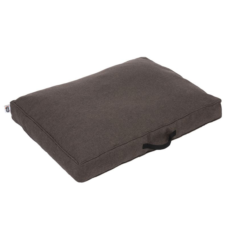 Brown rectangular cushion with side carry handle, suitable for pets. Visible logo on the edge.