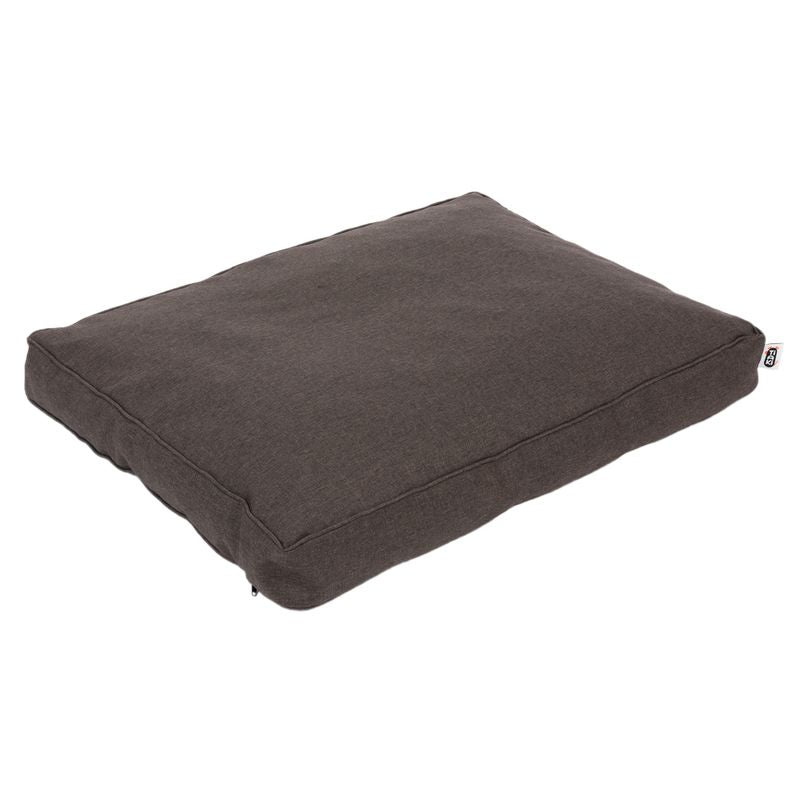 Brown rectangular cushion with fabric cover and visible brand label on the side.