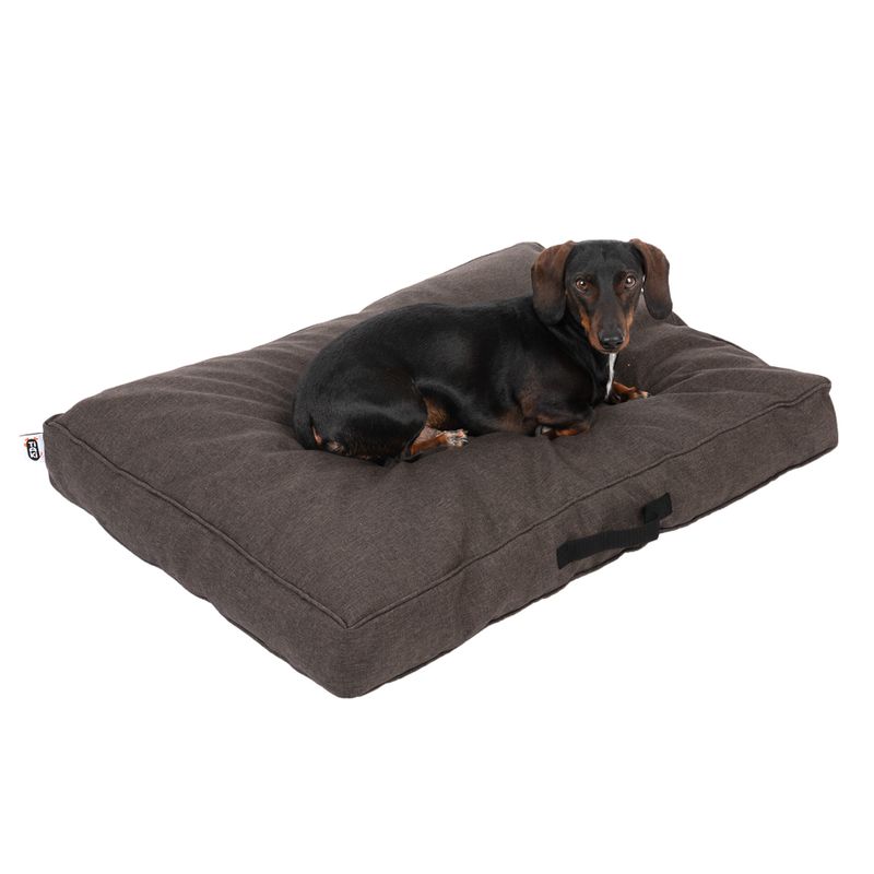 Dog lying on a brown rectangular dog cushion with carrying handle. Cushion features padded surface and robust design.