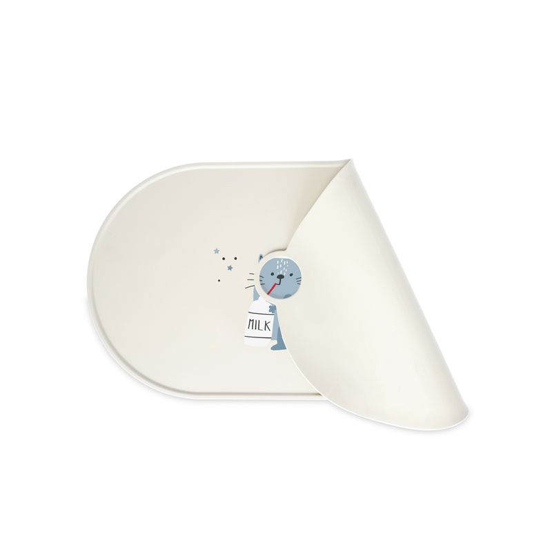 White feeding mat with blue cat motif and milk bottle, easily rollable.