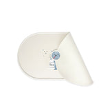 White feeding mat with blue cat motif and milk bottle, easily rollable.