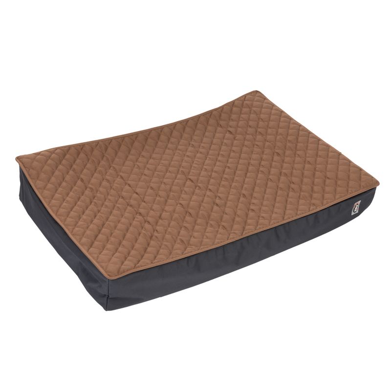 Brown, quilted pet bed with black border and rectangular shape. Logo visible on the side.